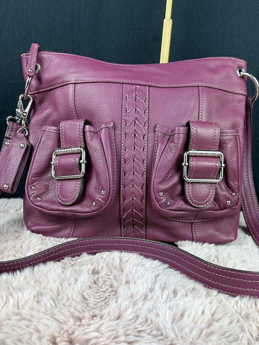 Tignanello Plum Purple Leather Crossbody Shoulder Bag – Multi-Pocket Buckle Deta